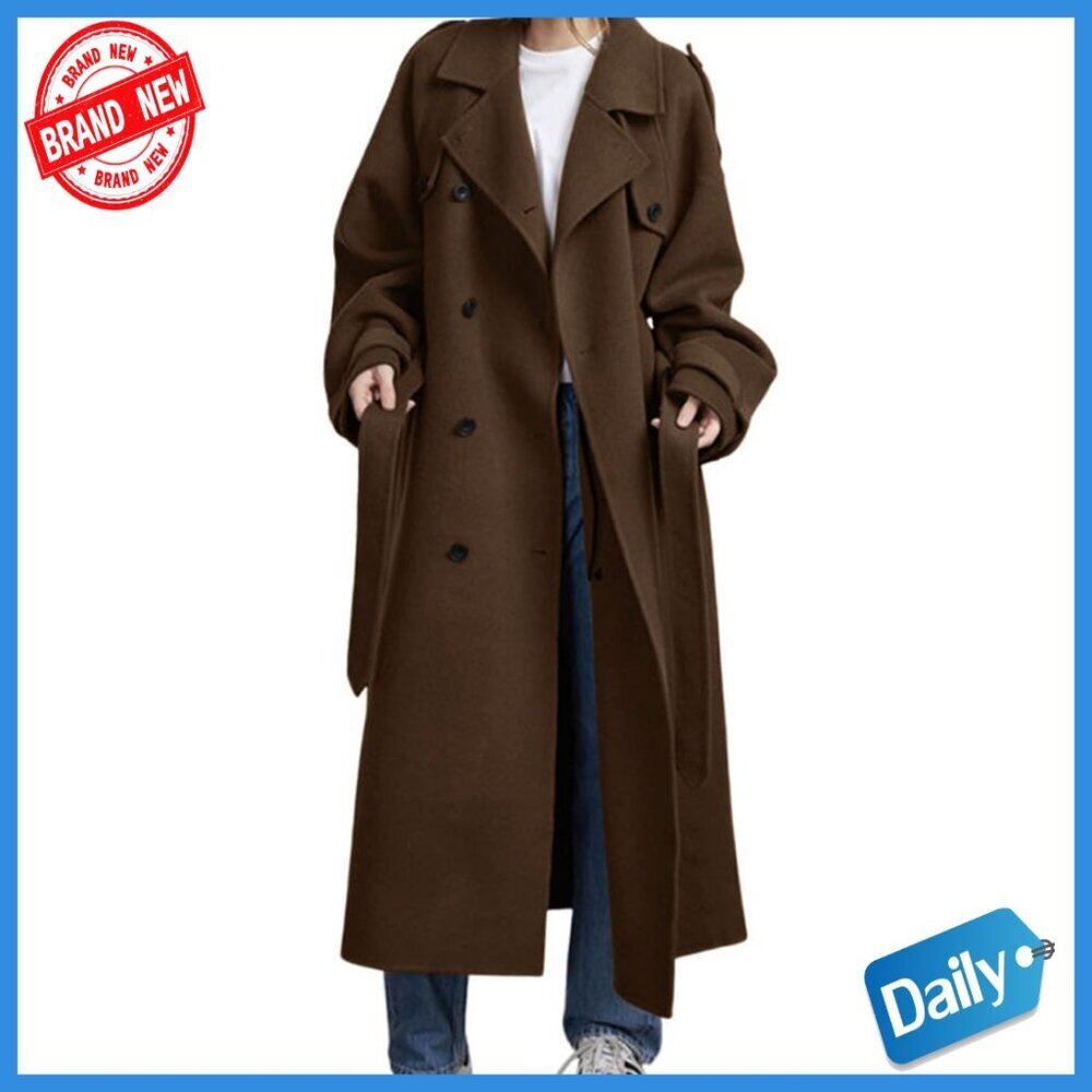 Women's Wool Blend Pea Coat Double Breasted Notch Lapel Midi Length Overcoat